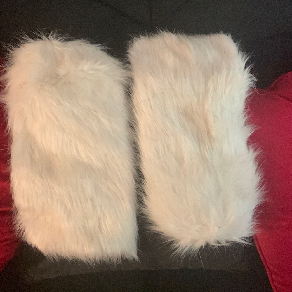 White fun fur leg warmers silk inside